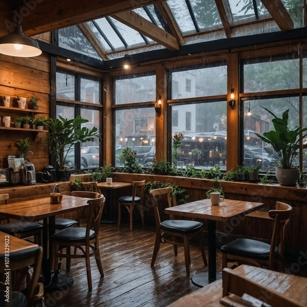 Obraz Generate a cozy café scene on a rainy day, with foggy windows, warm lights, and people enjoying coffee. Raindrops fall outside, and books and plants decorate the wooden interior