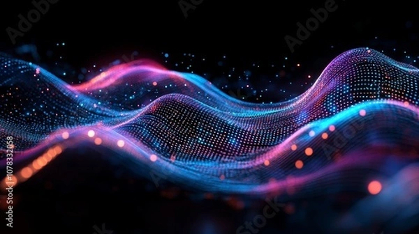 Fototapeta Colorful particles are creating a flowing wave in a dark empty space, representing digital data and information technology