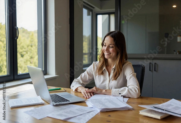 Obraz Smiling businesswoman working on laptop with documents in modern office