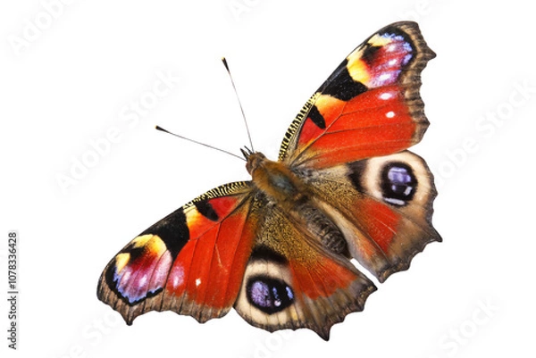 Fototapeta A butterfly with earthy red and orange tones, distinct eye spots on wings, mimicking peacock feathers. Elegant and expressive, set against a transparent background