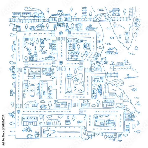 Obraz Doodle city map. Isolated.