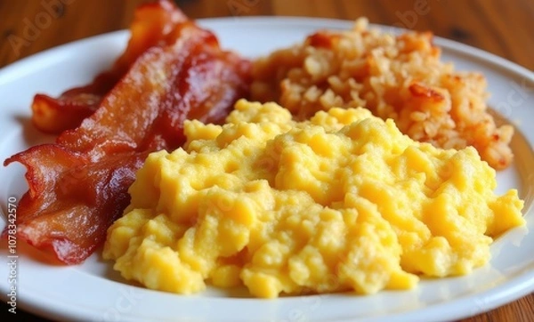 Fototapeta Delicious breakfast of scrambled eggs and bacon