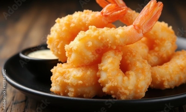 Fototapeta Crispy golden fried shrimp with sauce