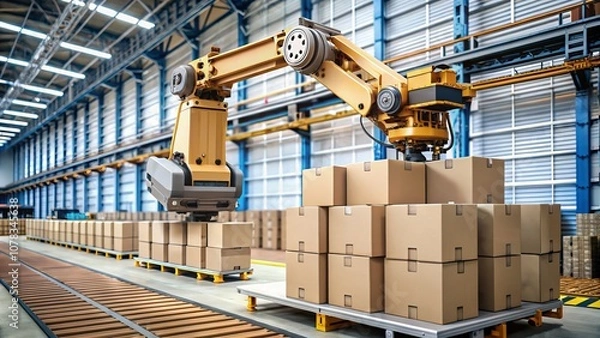 Obraz Advanced Robot Arm in Action: Efficiently Handling Cartons from a Pallet in a Modern Warehouse Environment, Showcasing Automation and Precision Technology in Logistics Operations