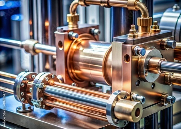 Fototapeta Close-Up of an Industrial Hydraulic Pump with Copper Tubing for Fluid Flow Control - Perfect for Mechanical and Engineering Visuals