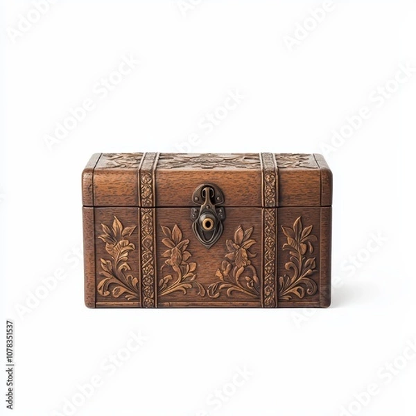Fototapeta Decorative wooden box with intricate carvings, isolated on a white background.