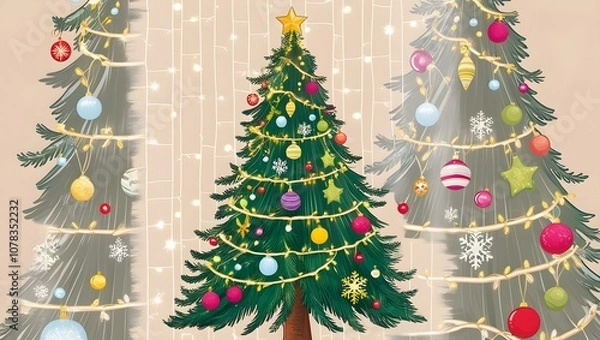 Fototapeta Decorated christmas tree with ornaments and lights, PNG style, transparent background for festive holiday designs

