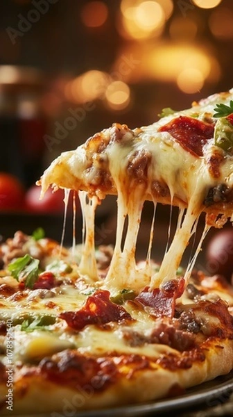Fototapeta A mouthwatering slice of pizza is pulled away, revealing melting cheese and a medley of toppings. The warm ambiance enhances the appetizing presentation, inviting enjoyment