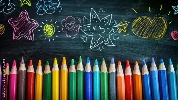 Fototapeta colorful chalk drawing on a blackboard with crayons in various colors, showcasing stars, hearts, and flowers, creating a playful and artistic atmosphere