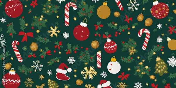 Obraz Christmas seamless pattern with ornaments, candy canes and snowflakes on green background. Perfect for wrapping paper, textile design, greeting cards, invitations, etc.