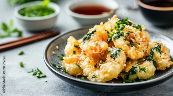 Fototapeta Plate of vegan tempura bright background clean layout  copy space
