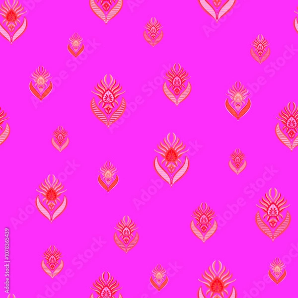 Fototapeta Seamless repeat pattern print background with ornament in roze and red 