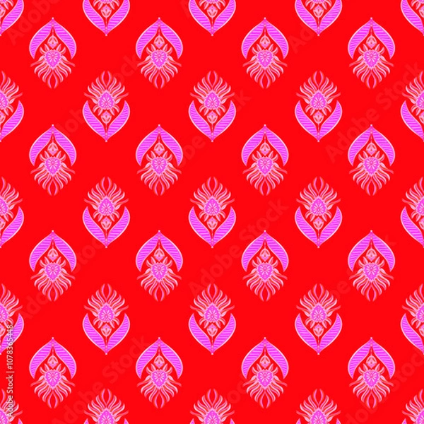 Fototapeta Seamless repeat pattern print background with ornament in roze and red 