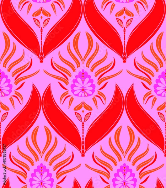 Fototapeta Seamless repeat pattern print background with ornament in roze and red 