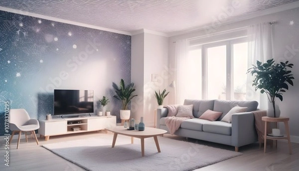 Obraz Scandinavian living room interior design zoom background,Doodle Galaxy patterned wallpaper graphics