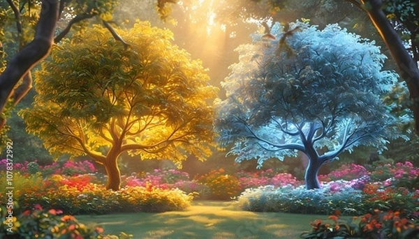 Fototapeta Two Trees in the Garden of Eden, namely the Tree of Life and the Tree of Knowledge, Genesis Illustration
