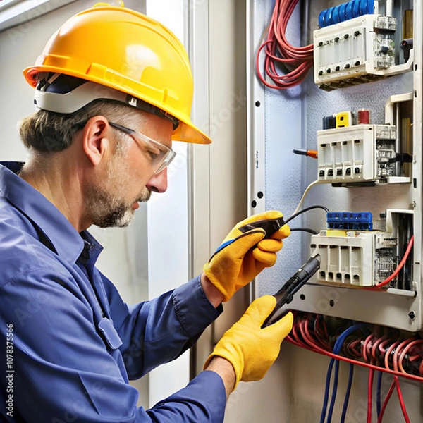 Obraz An electrician uses a voltage tester on a circuit, ensuring safety.