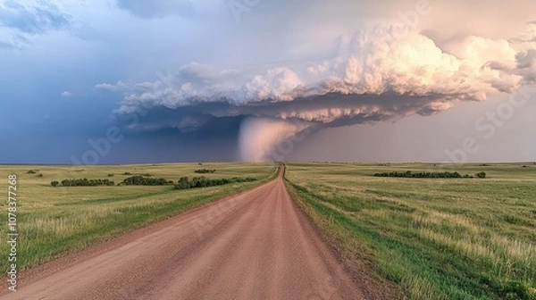 Fototapeta Majestic Thunderstorm Approaching Over Open Fields with Dirt Road Leading Towards Dark Clouds in a Dramatic Sky and Glowing Sunset Background