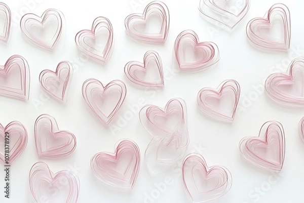 Fototapeta Transparent heart outlines scattered on a white gradient backdrop.