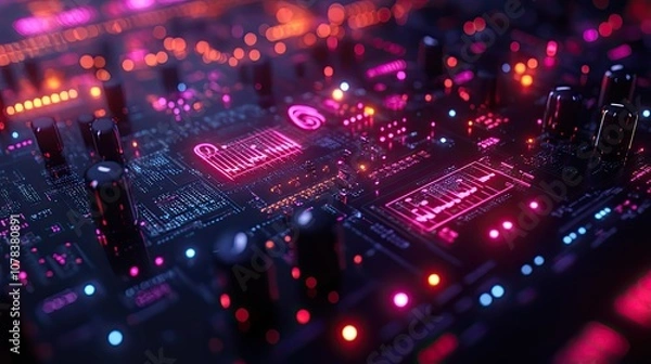 Fototapeta loop animation of music notes with dark neon light effect 3d rendering