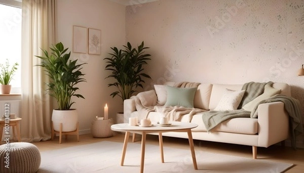 Fototapeta Scandinavian living room interior design zoom background,Doodle Galaxy patterned wallpaper graphics