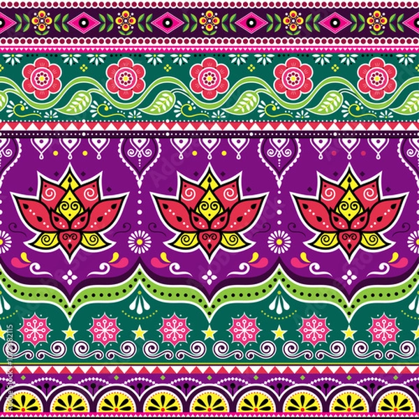 Fototapeta Pakistani or Indian truck art vector seamless pattern with lotus flowers, jingle truck vibrant floral Diwali design. Non AI generated
 