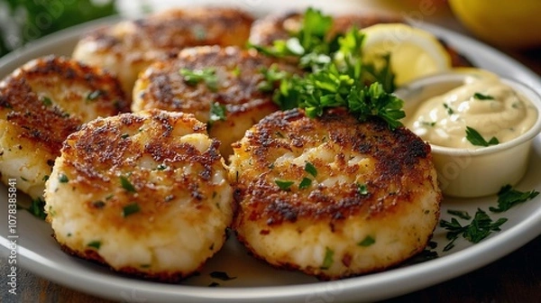 Fototapeta Delicious Crab Cakes with Lemon Aioli and Fresh Parsley Garnish