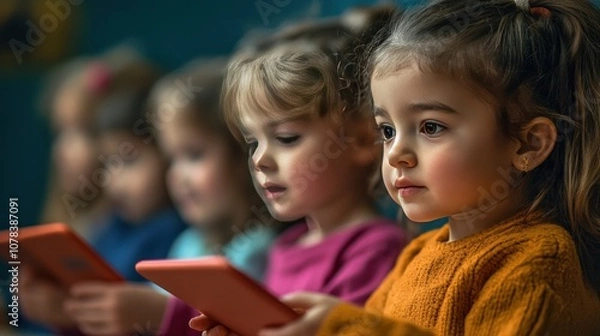 Fototapeta Children learning coding with an innovative educational app, digital challenges and interactive lessons fostering creativity."