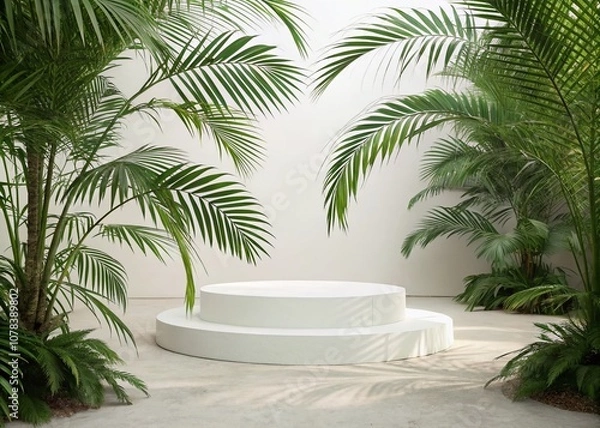 Fototapeta 3D Rendering of a Minimalistic White Podium Platform Surrounded by Lush Green Palm Leaves for Tropical-Themed Displays and Presentations