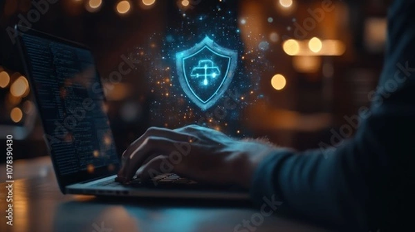 Fototapeta Person typing on a laptop with a glowing shield icon representing cybersecurity and data protection.