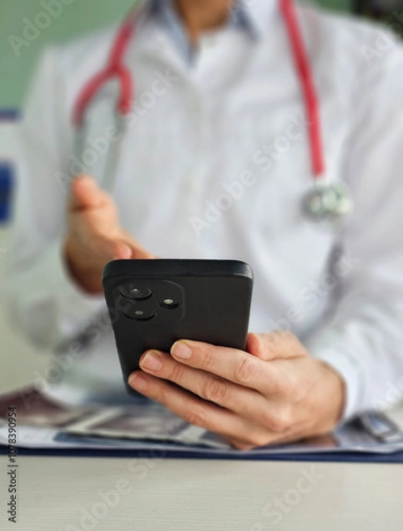 Fototapeta Doctor pressing his finger on screen of mobile phone closeup. Doctor call concept vertical