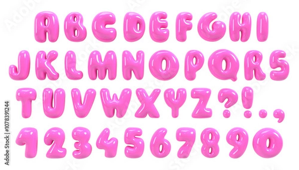 Fototapeta Bold bubble font. Pink plastic typescript. Y2K alphabet. Groovy letters and numbers. Three-dimensional round typeface isolated on transparent background