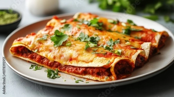 Fototapeta Plate of vegan enchiladas bright background clean layout  copy space