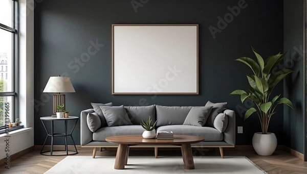 Fototapeta A framed artwork displayed on a dark accent wall in a modern office space, creating a professional and bold look for office-inspired designs.