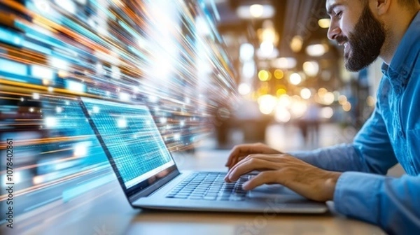 Fototapeta Businessman Working on Laptop with Blurred Lights and Data Stream