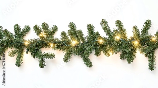 Fototapeta 
Holiday-inspired seamless border with pine tree branches and glowing Christmas lights on a clean white background