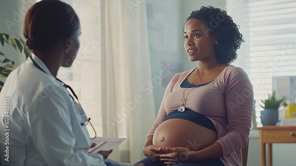 Fototapeta pregnant woman consulting with doctor in bright room