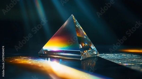 Obraz Glass prism dispersing vivid rainbow light on a dark surface with soft, dramatic shadows and reflections