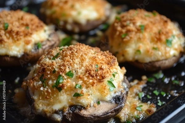 Fototapeta Baked breadcrumb topped with mushroom mozzarella