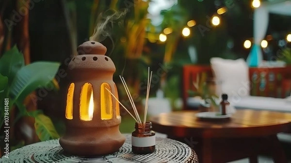 Obraz A lit clay lantern with diffuser and string lights on a patio table at dusk.