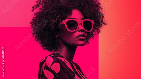 Fototapeta A woman in shades of bright neon pink, styled in a fashion retro funk style, captured in a vibrant and bold presentation slide design, perfect for modern, trendy projects