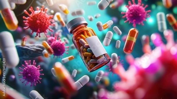 Fototapeta Explore the impact of antibiotic resistance through a close-up of pill bottles