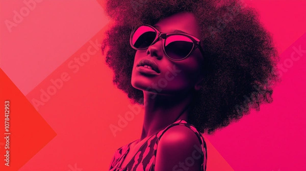 Fototapeta A woman in shades of bright neon pink, styled in a fashion retro funk style, captured in a vibrant and bold presentation slide design, perfect for modern, trendy projects
