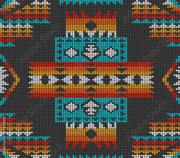 Fototapeta Native American Navajo Aztec beads kilim Raster Pattern. Colorful Southwestern tribal beaded motif black background seamless pattern.