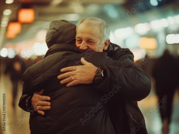 Obraz Two men hugging in an airport. One is leaving for a trip, and the other welcomes his return. This image represents friendship, love, and the emotional moments of travel.
