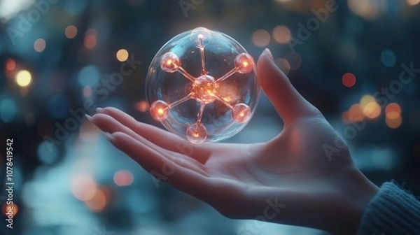Fototapeta A hand holds a glowing, futuristic orb with connecting nodes in front of a blurred city lights background.