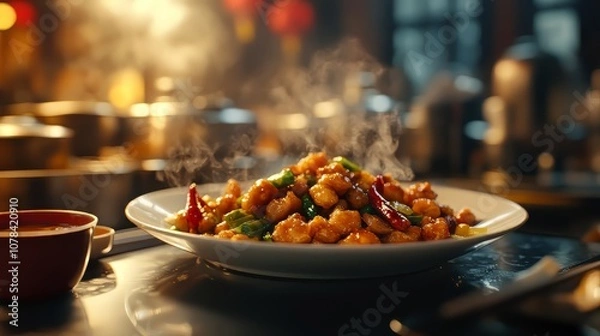 Obraz Close up of chinese food served on table. chinese food. Ultra realistic. Photorealistic hypermaximalist advertising photography hyper realistic fine detail