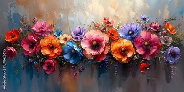 Fototapeta Abstract floral background with colorful poppies and other flowers. 3d illustration
