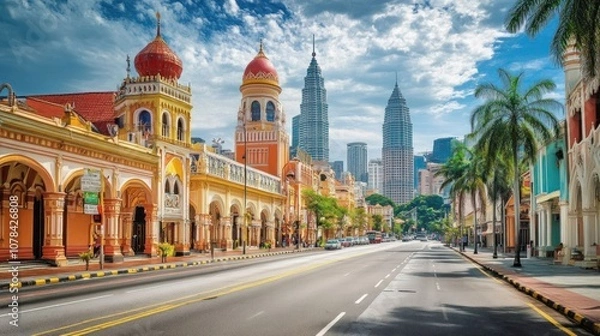 Obraz A wide street lined with colorful buildings and palm trees leads towards the Petronas Towers in Kuala Lumpur, Malaysia.