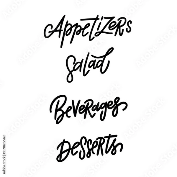 Fototapeta A set of 4 stylish and modern hand-lettered words: Appetizers, Salad, Beverages, Desserts. Perfect for creating food menus, restaurant logos, and other design projects related to food and dining.